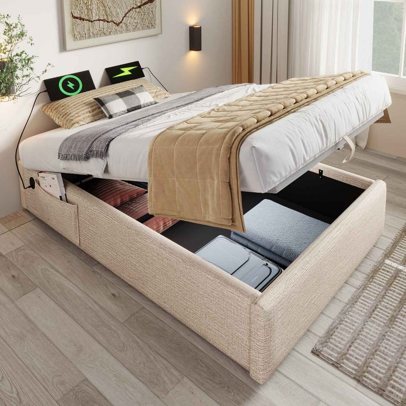 Łóżko tapicerowane jednoosobowe 90x200 cm z USB-C, hydrauliczną przestrzenią do przechowywania, stelażem na listwach, z lnu, beżowe