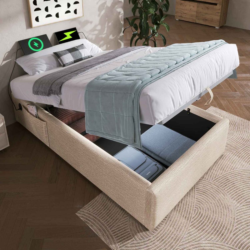 Łóżko tapicerowane pojedyncze 90x190 cm z portem USB-C i hydrauliczną przestrzenią do przechowywania, pełny stelaż, len, naturalne