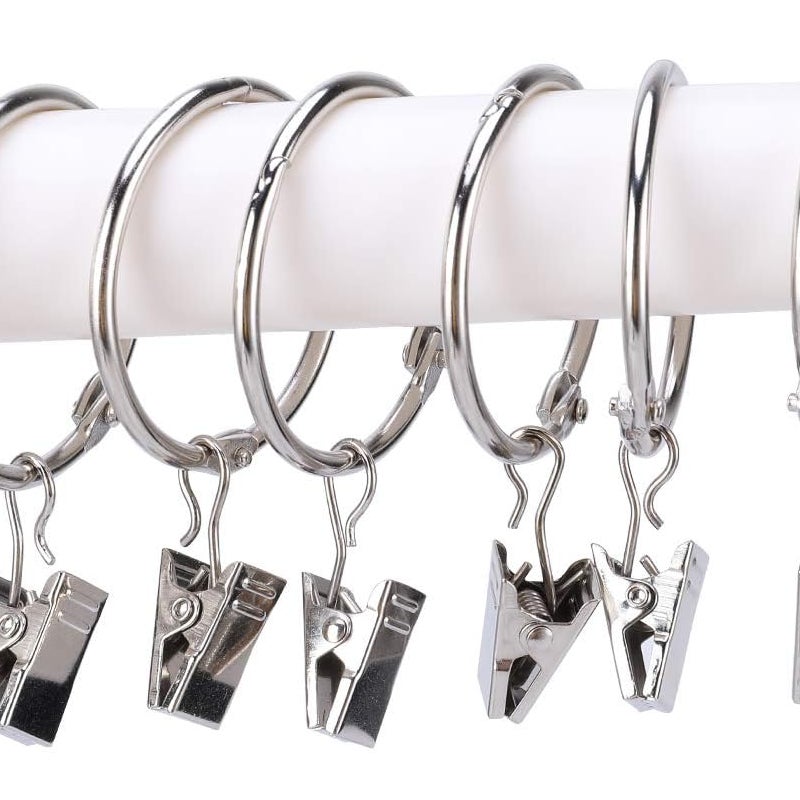 (Srebrne), 30 szt. kółek do zasłon z klipsami, średnica wewnętrzna 38 mm, metalowe kółka do zawieszania zasłon i karniszy