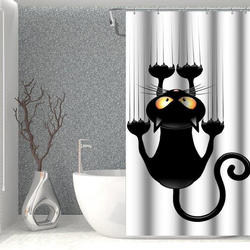 Zabawna zasłona prysznicowa z kotem, wodoodporna zasłona prysznicowa, anty-pleśniowa zasłona prysznicowa dla zwierząt z haczykami 90x180 cm