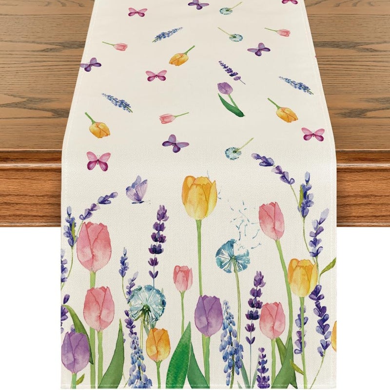 Bieżnik na stół letni z tulipanami lawendowymi, dekoracja stołu na przyjęcie urodzinowe wiosenne, 13 x 72 cale