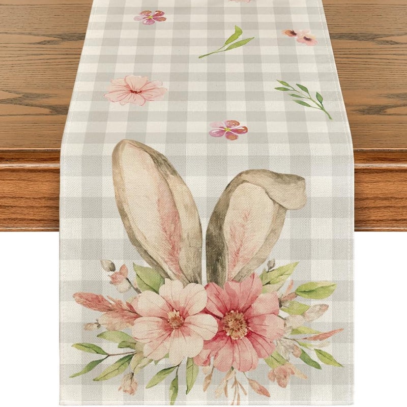 Bieżnik w kratkę z kwiatowym wzorem uszu zająca wielkanocnego, wiosenno-letnia dekoracja świąteczna, 13 x 72 cale