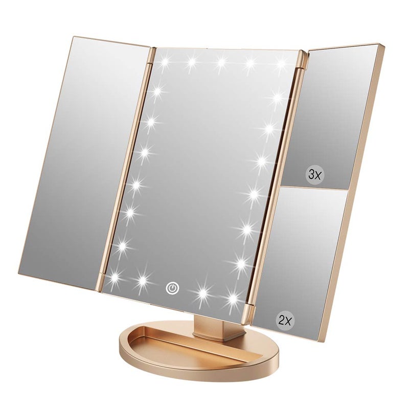 Lustro do makijażu z 21 diodami LED, powiększenie 1x/2x/3x, składane na trzy części, lusterko podróżne z możliwością ładowania (złote)