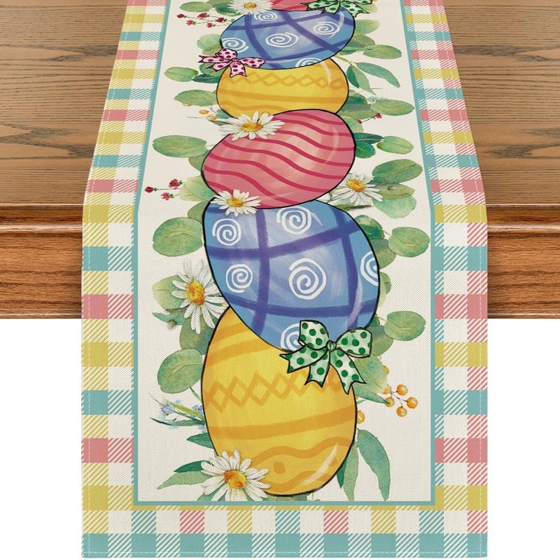 Bieżnik wielkanocny ze wzorem stokrotek i jajek w kratkę, sezonowa dekoracja do kuchni i jadalni, 33 x 183 cm