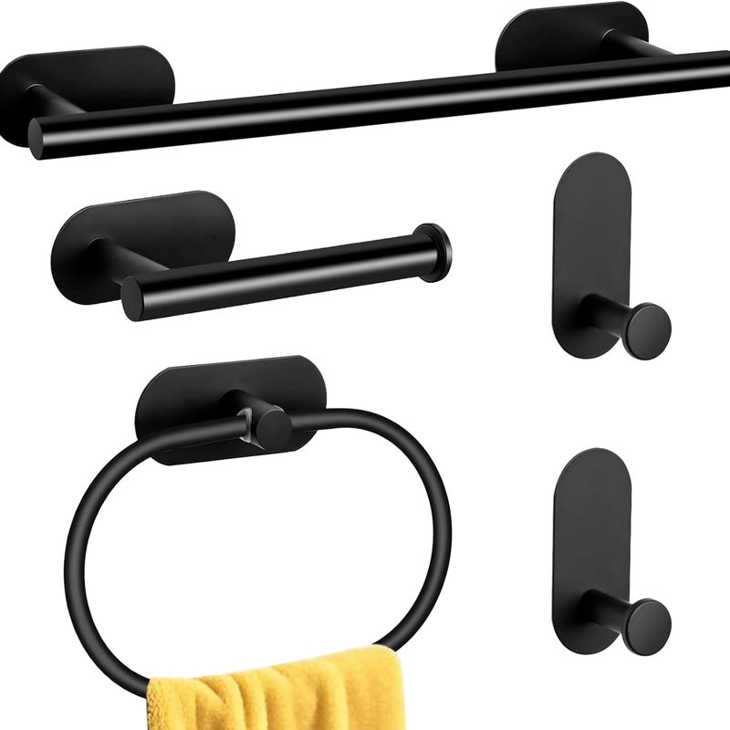Zestaw wieszaków na ręczniki ze stali nierdzewnej, samoprzylepny haczyk i uchwyt na papier toaletowy (czarny, 5 sztuk)