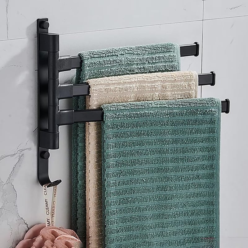 Wieszak na ręczniki ścienny, wieszak na ręczniki z 3 obrotowymi drążkami 180°, samoprzylepny, do łazienki i kuchni, czarny