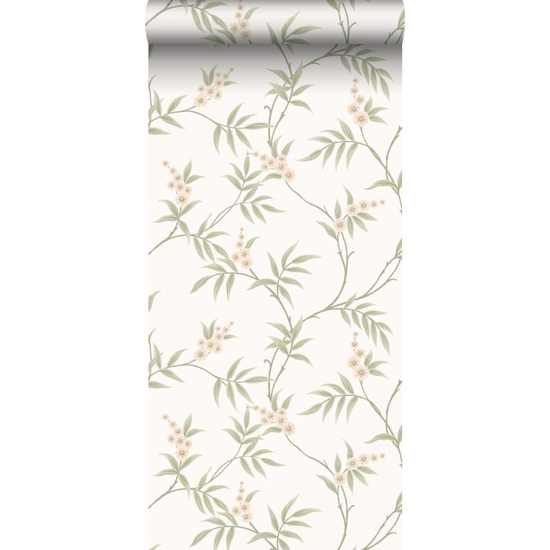 Tapeta liście i kwiaty zielonymIbiałym - 53 cm x 10.05 m - BORASTAPETER