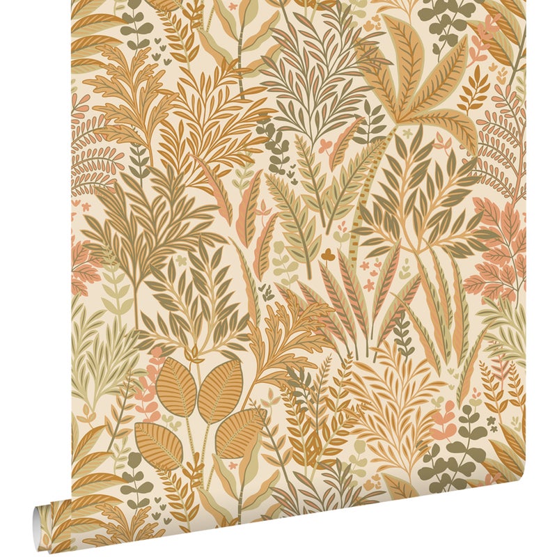 Tapeta tropikalne liście i kwiaty jasnej terakotyIbeżowym - 50 x 900 cm - ESTAHOME