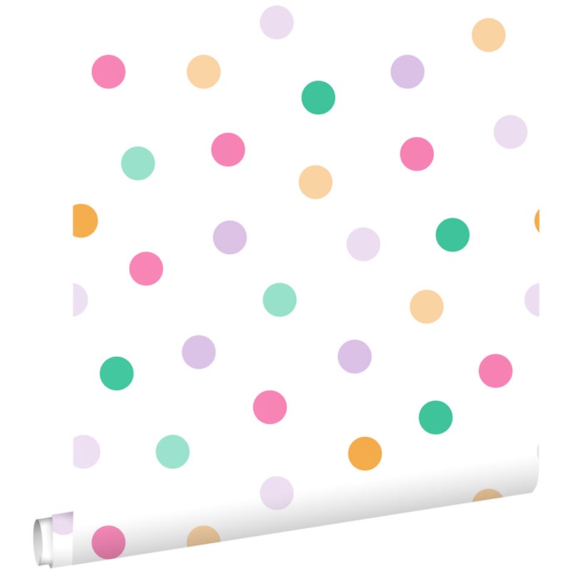 Tapeta kropka turkusowym,fioletowym,zielonymIpomarańczowym - 50 x 900 cm - ESTAHOME