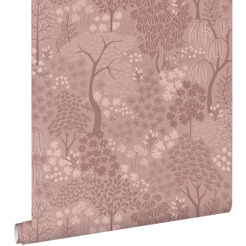 Tapeta drzewa i kwiaty terakoty różowej - 50 x 900 cm - ESTAHOME