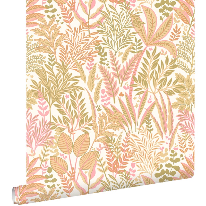 Tapeta tropikalne liście i kwiaty zielonymIróżowym - 50 x 900 cm - ESTAHOME