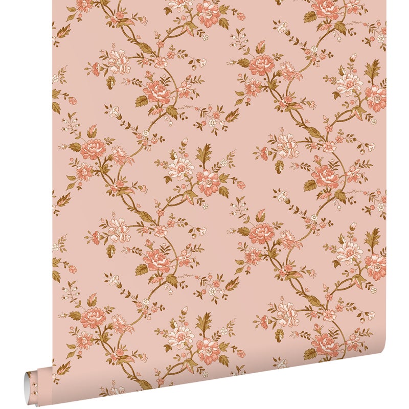 Tapeta zabytkowe kwiaty terakoty różowej - 50 x 900 cm - ESTAHOME