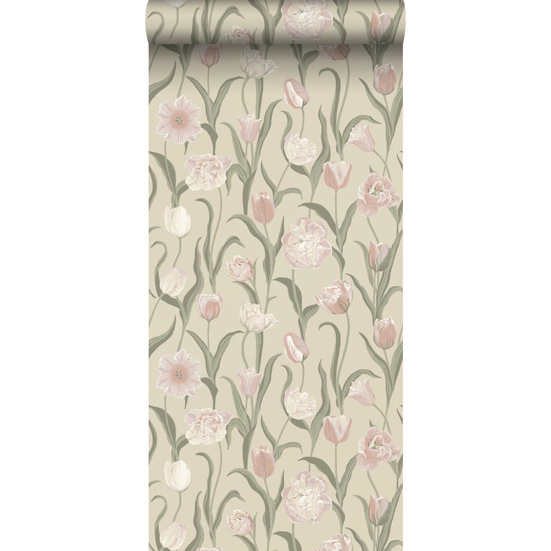 Tapeta kwiaty różowym,zielonymIciepły beż - 53 cm x 10.05 m - BORASTAPETER