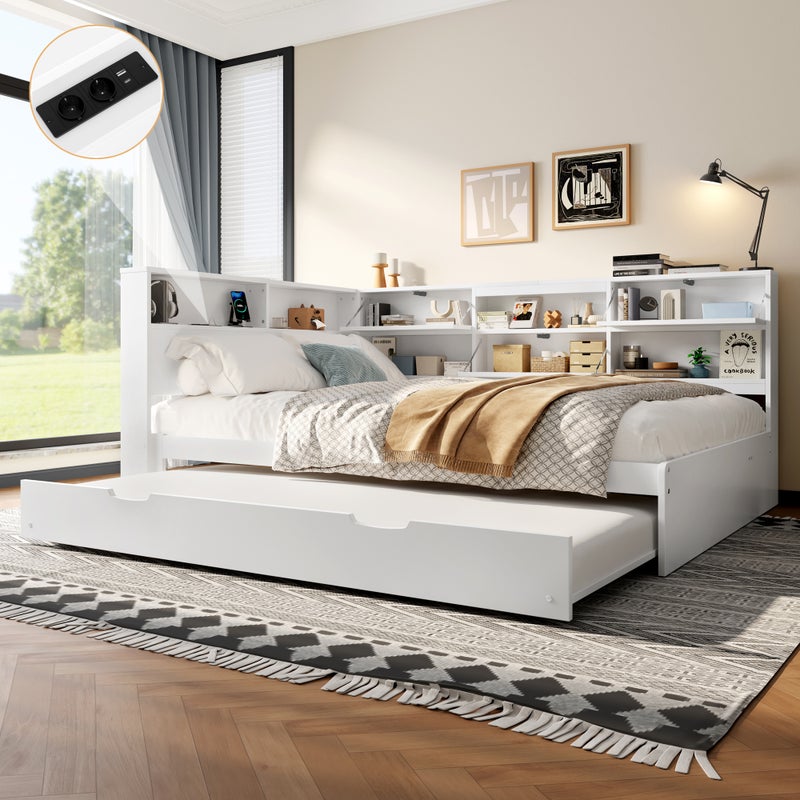 Łóżko wysuwane 140 x 200 cm + 90 x 190 cm z 3 drzwiami i przegródkami – sosna + płyta MDF + sklejka – gniazdka elektryczne – białe (bez materaca)