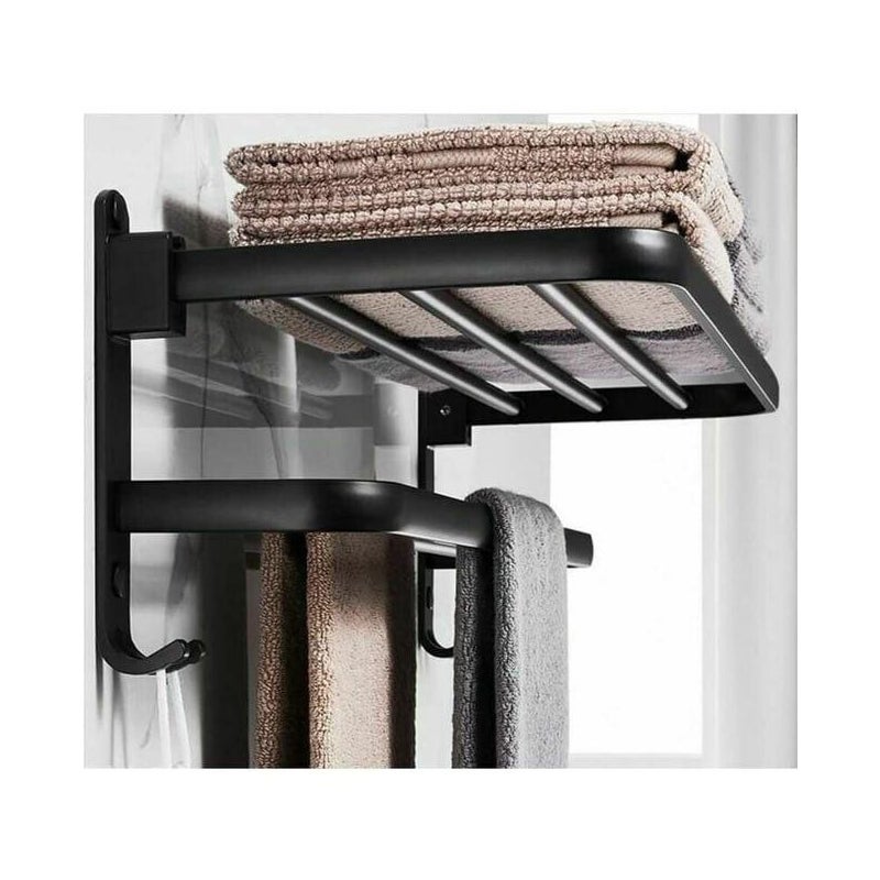 Wieszak na ręczniki łazienkowe, składana półka do przechowywania, aluminiowa przestrzeń, ścienny uchwyt na ręczniki łazienkowe (40 cm, czarny)