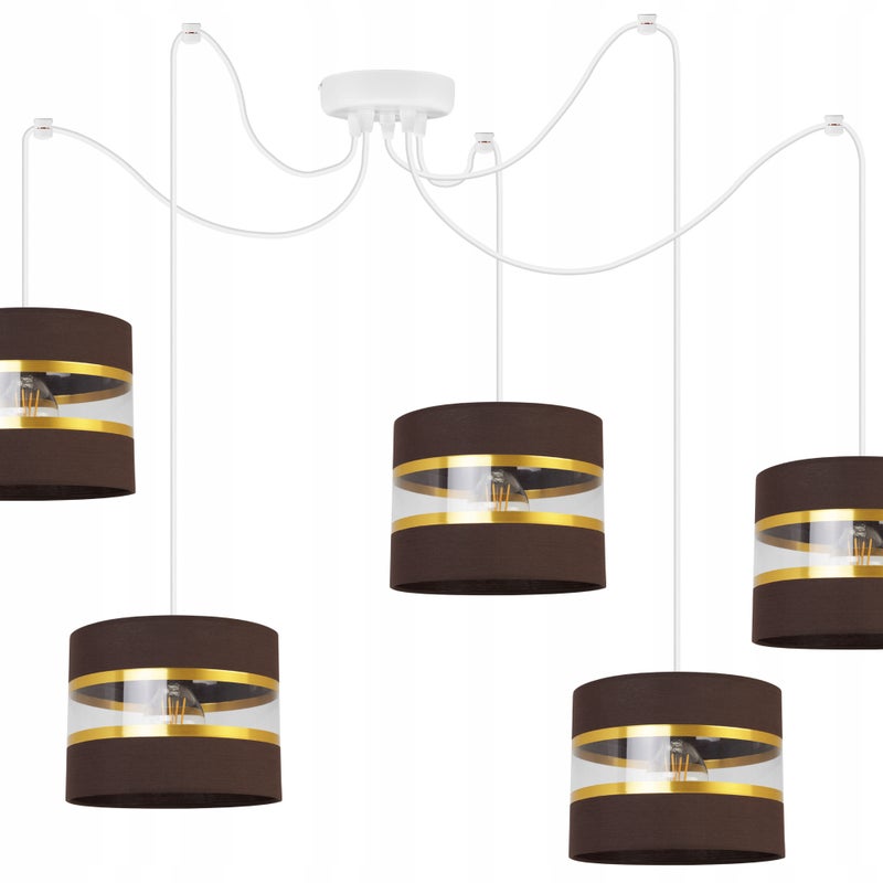 Lampa sufitowa wisząca Spider Elegance Gold boho 5xE27 abażur walec biało/brązowy Light Home LH