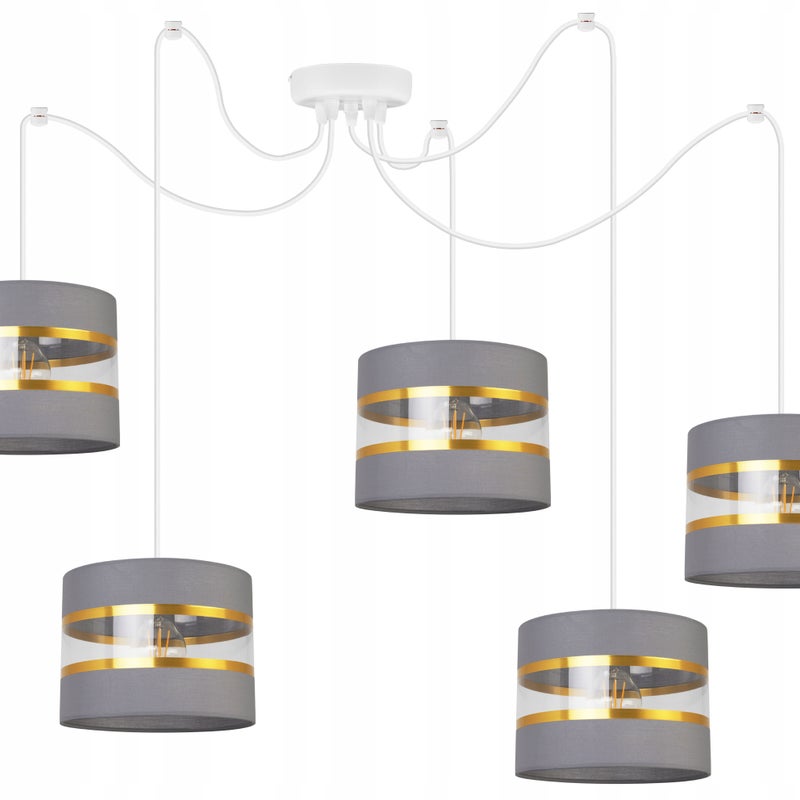 Lampa sufitowa wisząca Spider Elegance Gold boho 5xE27 abażur walec biało/szary Light Home LH