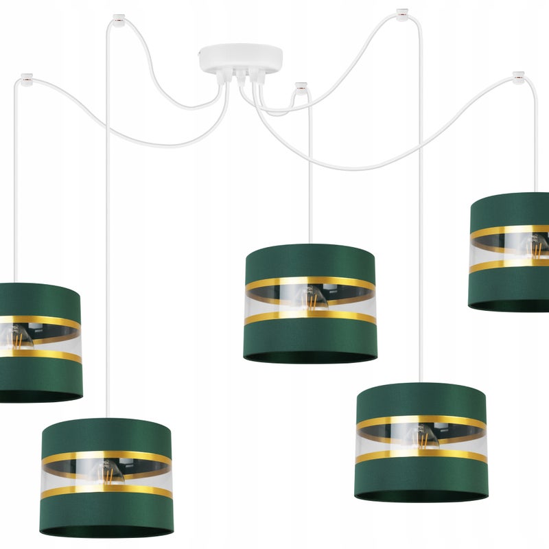 Lampa sufitowa wisząca Spider Elegance Gold boho 5xE27 abażur walec biało/zielony Light Home LH