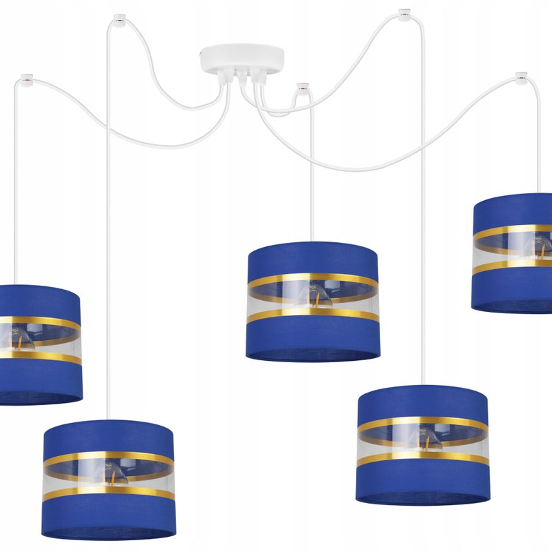 Lampa sufitowa wisząca Spider Elegance Gold boho 5xE27 abażur walec biało/niebieski Light Home LH
