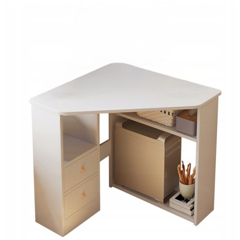 Narożne białe biurko trójkątne z półkami 80x75