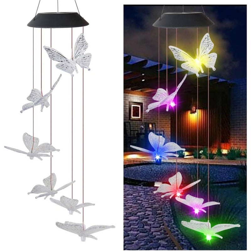 Dzwonek wiatrowy Solar Butterfly z lampą wiatrową, dekoracja ogrodowa, kolorowa, 6 diod LED, dzwonek wiatrowy Solar z czarną powłoką, przezroczysty mo