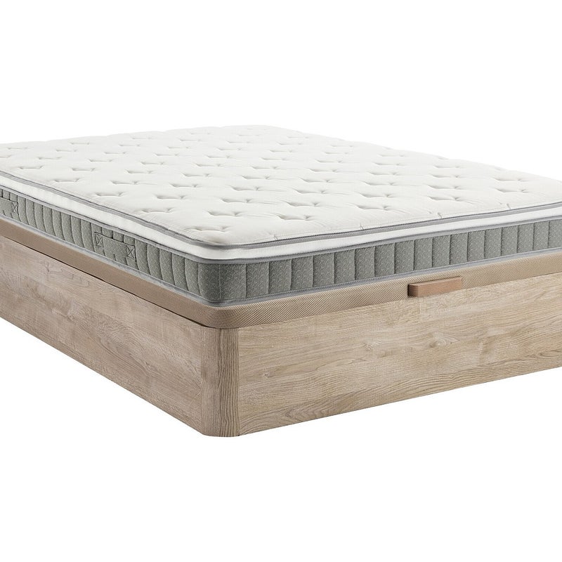 Zestaw 140 x 190 cm: stelaż ze skrzynią w jasnym naturalnym kolorze + materac ze sprężynami kieszeniowymi i warstwą pianki z pamięcią kształtu,