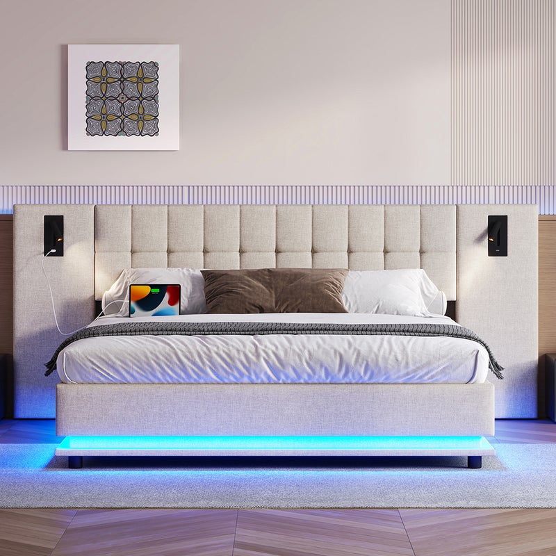 Łóżko podwójne dla dorosłych 180 x 200 cm, z paskiem LED, zagłówkiem z punktowymi lampkami, portem USB, bez materaca, z lnu, beżowe