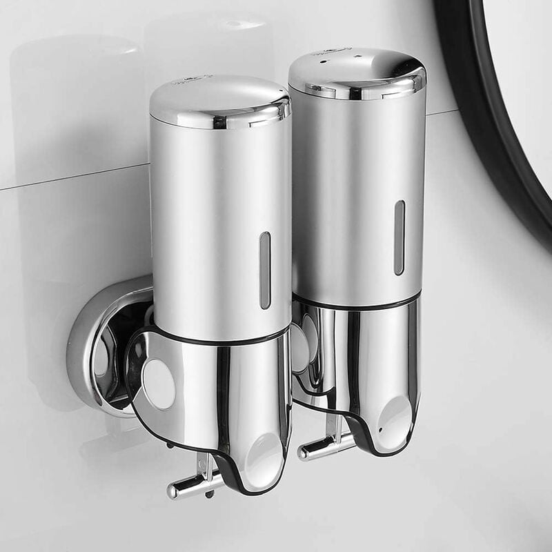 Dozownik mydła montowany na ścianie 500 ml x 2, dozownik mydła do rąk z podwójną głowicą, dozownik płynu do żelu pod prysznic i szamponu