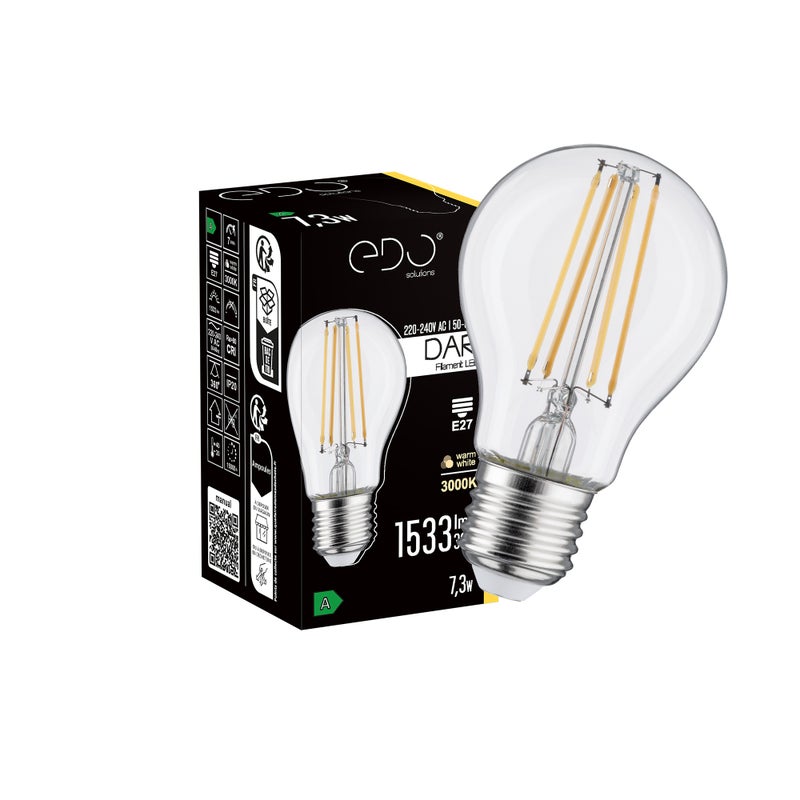 Żarówka dekoracyjna Dari LED Filament 7,3W, E27, 3000K, 1533lm, 230V, CLEAR A60, EDO777711 EDO Solutions