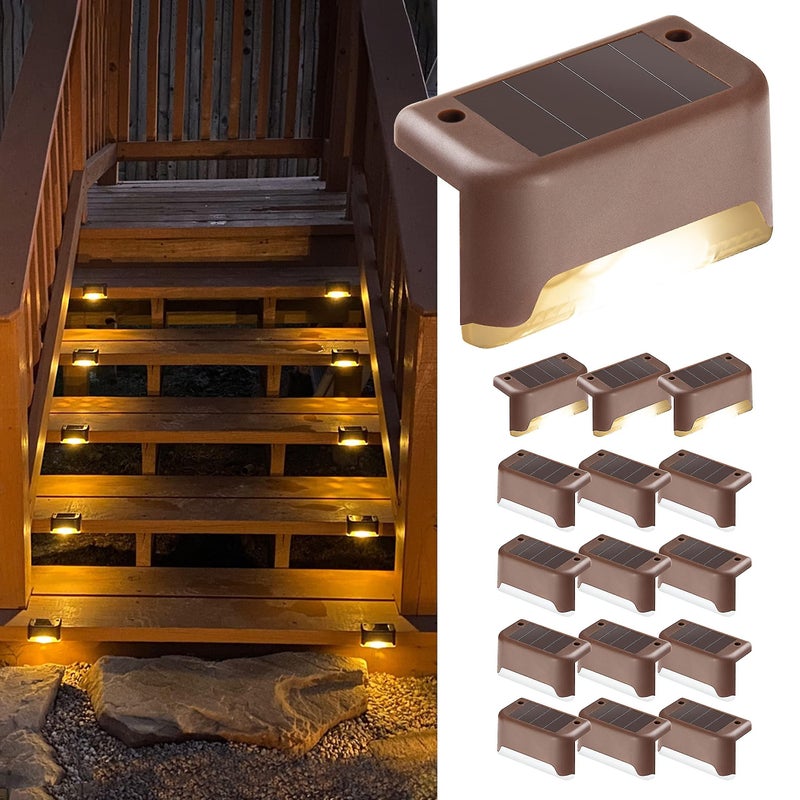Zestaw 16 lamp solarnych LED do użytku na zewnątrz, wodoodpornych, solarnych lamp do schodów, stopni, ogrodzeń, balustrad, podwórek i tarasów