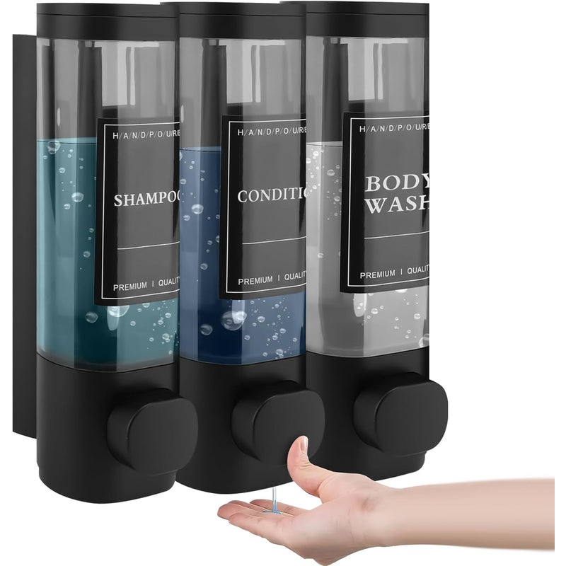 Dozownik mydła montowany na ścianie, dozownik żelu pod prysznic, potrójny dozownik szamponu i odżywki, nie wymaga wiercenia, ABS, 300 ml*3 (czarny)