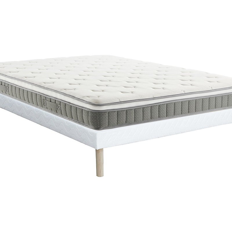 Zestaw 160 x 200 cm: tapicerowany stelaż + materac ze sprężynami kieszeniowymi i warstwą pianki z pamięcią kształtu, grubość 21 cm – VITOGO od YSMÉE