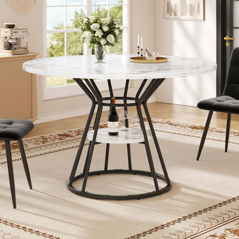 Okrągły stół jadalny - D 100 x W 76 cm - MDF i czarne metalowe nogi - Wzór marmurowy - Biały