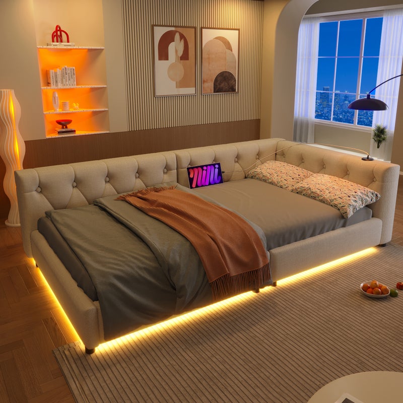 Łóżko tapicerowane 90 x 200 cm z zagłówkiem, sofa rozkładana - Gniazda USB + Typ C + LED - Tkanina lniana - Beżowy (bez materaca)