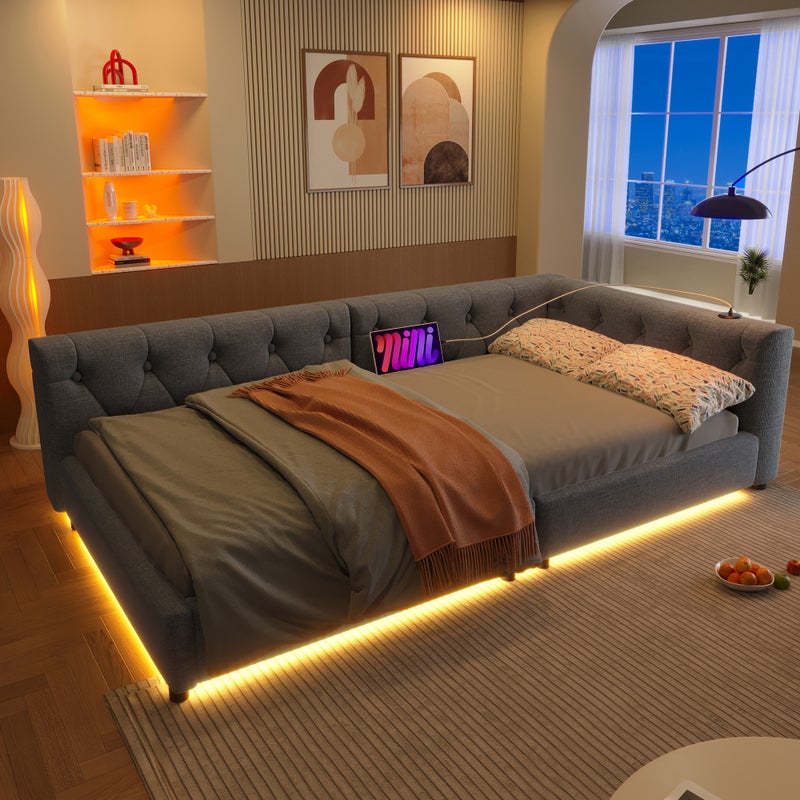 Łóżko tapicerowane 90 x 200 cm z zagłówkiem, sofa rozkładana - USB + Typ C + gniazda LED - Tkanina lniana - Szary (bez materaca)