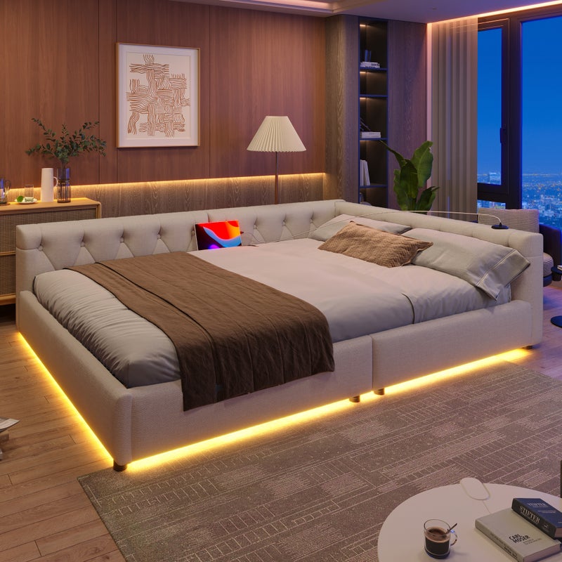 Łóżko tapicerowane 140 x 200 cm z zagłówkiem, sofa rozkładana - Gniazda USB + Typ C + LED - Tkanina lniana - Beżowy (bez materaca)