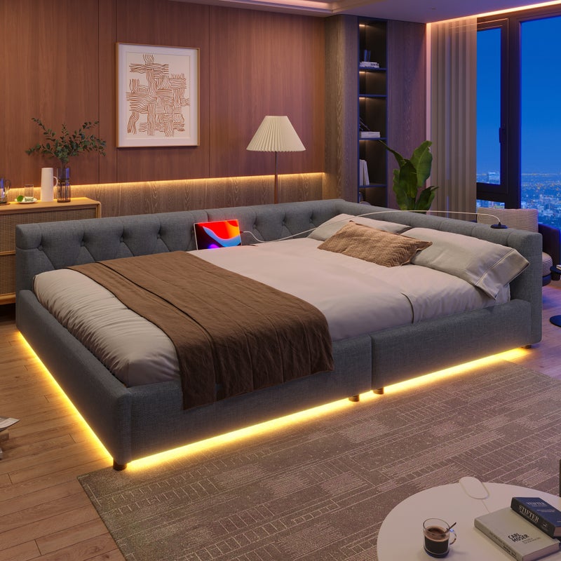 Łóżko tapicerowane 140 x 200 cm z zagłówkiem, sofa rozkładana - USB + Typ C + gniazda LED - Tkanina lniana - Szary (bez materaca)