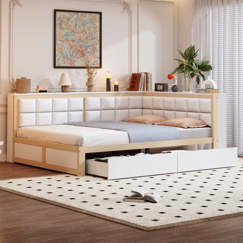 Łóżko podwójne drewniane 140 x 200 cm z 2 szufladami i miękkim oparciem, sofa rozkładana - Sosna + sklejka + MDF - Biały + naturalny (bez materaca)