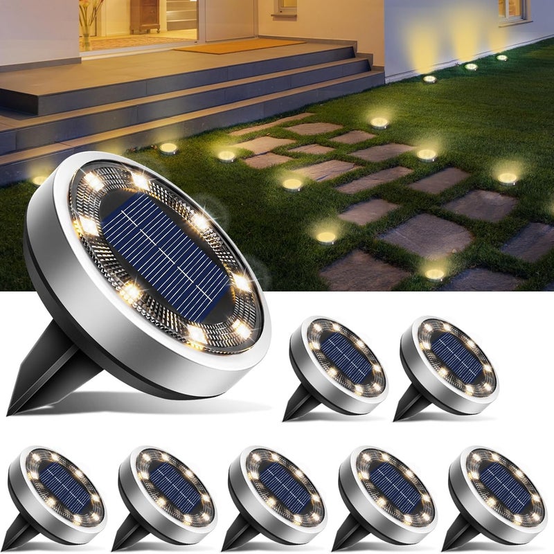 Zestaw 8 lamp solarnych do gruntu, solarne lampy ogrodowe LED do użytku na zewnątrz, wodoodporność IP44, ciepła biel
