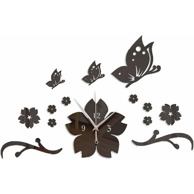 (Czarny) Bezramkowy zegar ścienny, kreatywny zegar ścienny, naklejka ścienna 3D, naklejki ścienne DIY, naklejki lustrzane z motylami