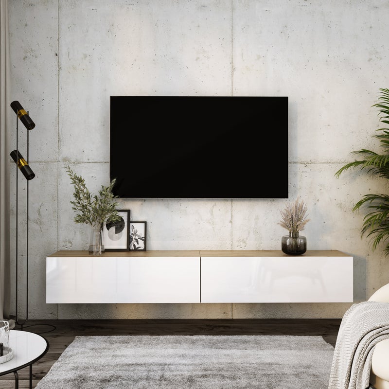 Szafka RTV : Dąb Wotan / Biały Błyszczący, (2 X 100) x 34 x 32 cm