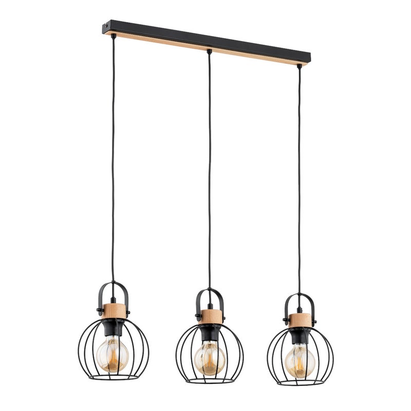 Lampa wisząca Kaliks czarna-jasne drewno 3xE27x15W nad stół wym: 90 x 9 x 75 cm metal Alfa