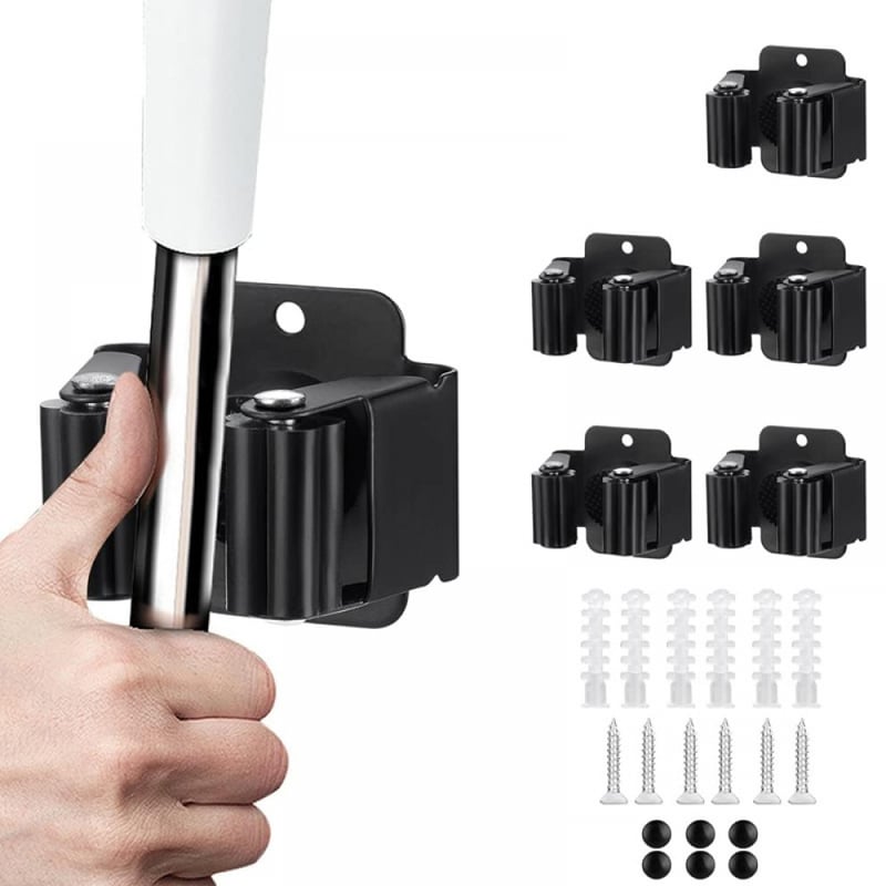 Wytrzymały uchwyt na miotłę ze stali nierdzewnej montowany na ścianie do łazienki i kuchni, zestaw 6 sztuk (czarny)