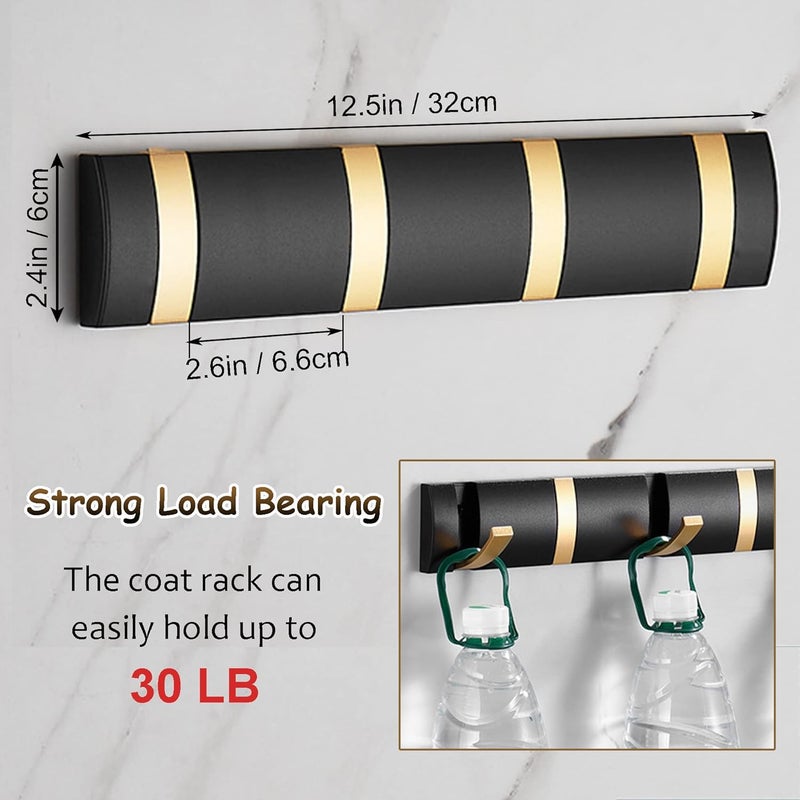 Wieszak ścienny na ubrania z 6 haczykami, nowoczesny składany wieszak łazienkowy w kolorze czarno-złotym, oszczędzający miejsce wieszak na ręczniki do