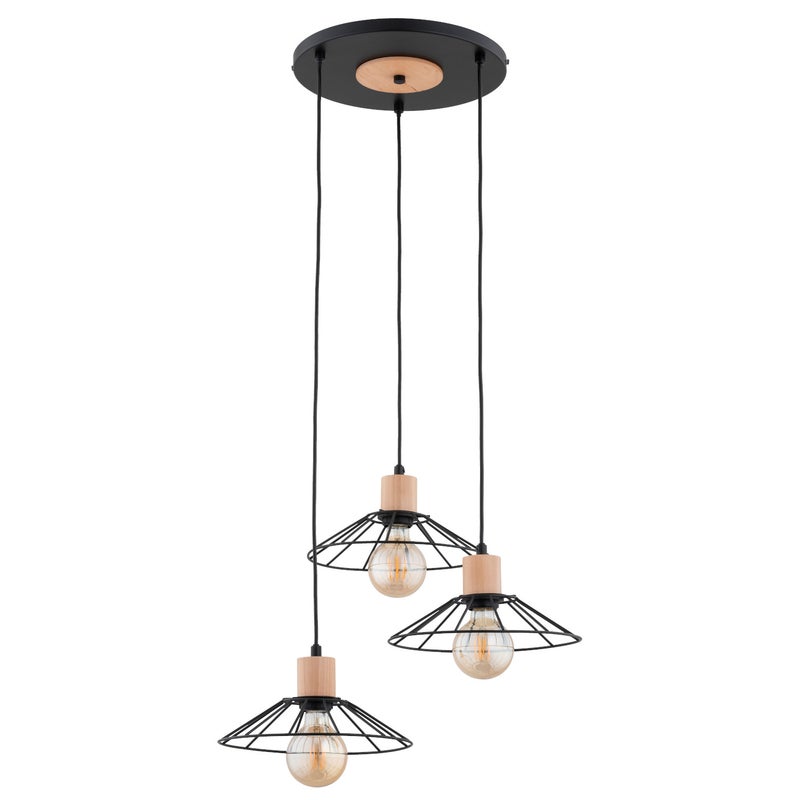 Lampa wisząca Doli czarna-jasne drewno 3xE27x15W industrialna wym: 90 x 52 x 52 cm metal Alfa