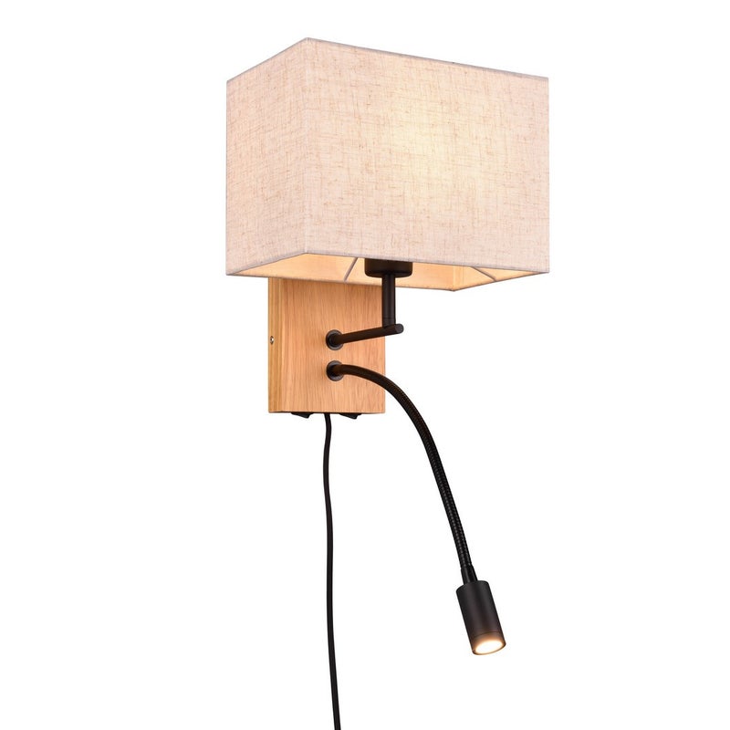 Kinkiet ścienny Nilam jasne drewno-biały-czarny 2xE27+LED zintegrowanyx90W do czytania wym: 30 x 25 x 25 cm tkanina IP20 Trio