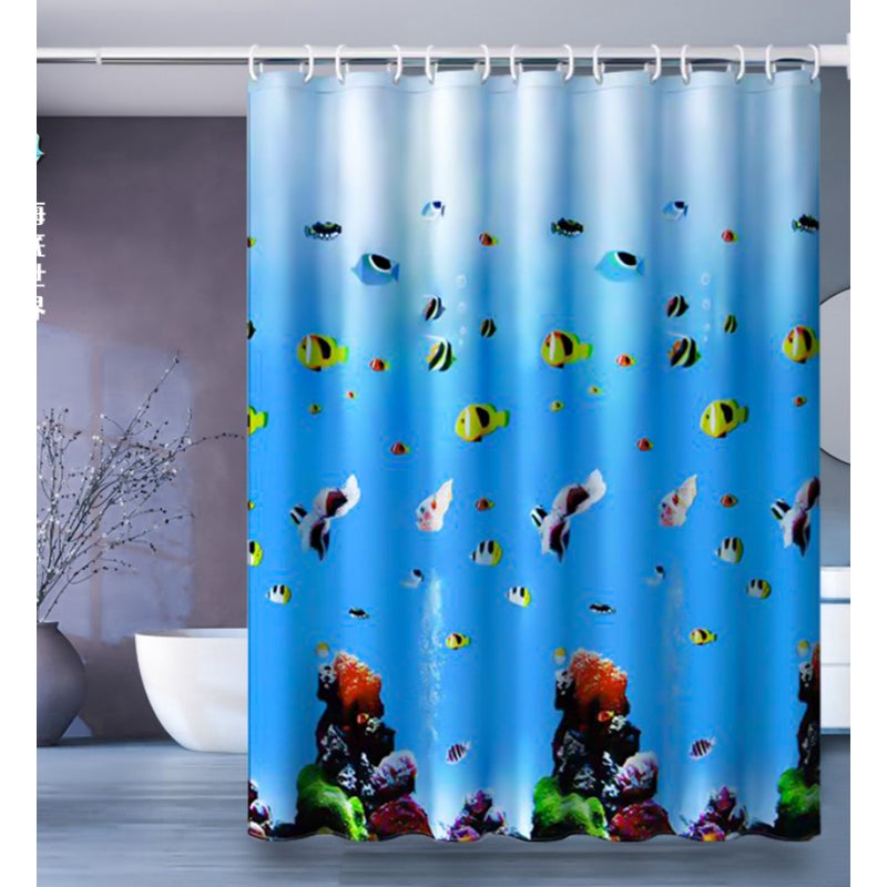Wodoodporna i odporna na pleśń zasłona prysznicowa z haczykami, szerokość 200 cm, wysokość 180 cm, Podwodny Świat