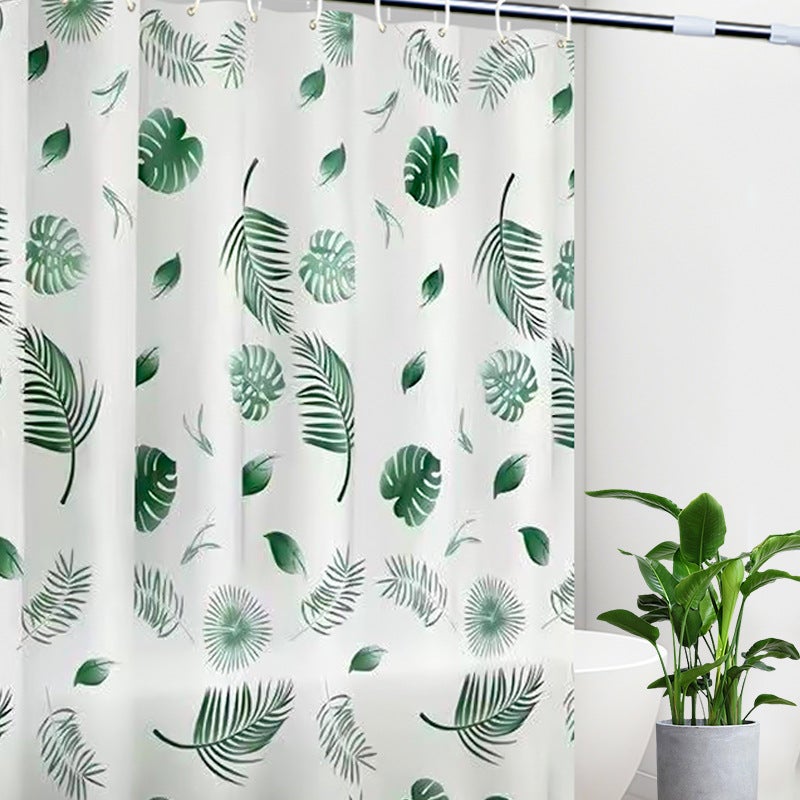 Wodoodporna i odporna na pleśń zasłona prysznicowa z haczykami, 180 cm szerokości i 180 cm wysokości, Zielone liście