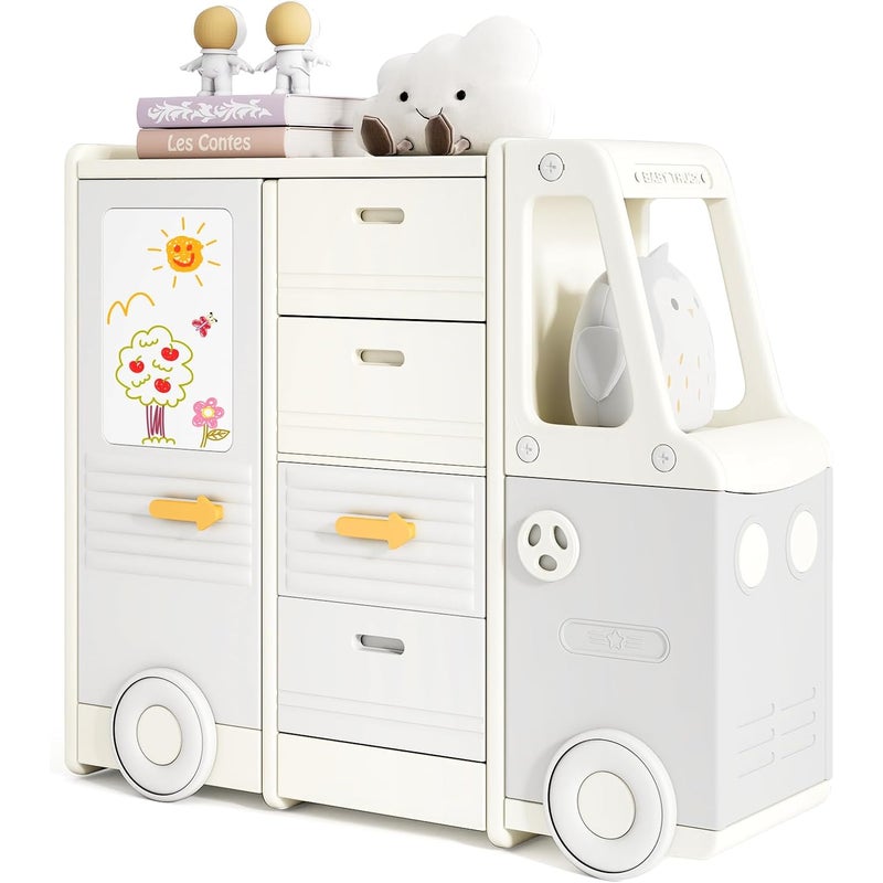 Szafka Dziecięca w Kształcie Samochodu, Organizer na Zabawki i Książki z 4 Szufladami, Zamkniętymi Szafkami, Tablicą do Rysowania, Regałami dla Dzieci