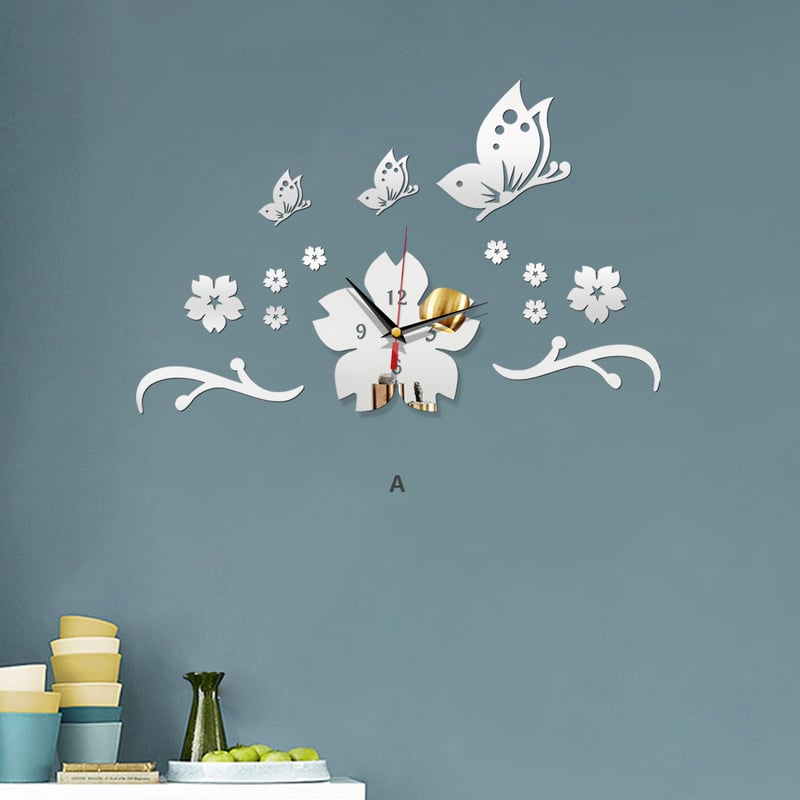 (Srebrny) Bezramkowy zegar ścienny, Kreatywny zegar ścienny, Naklejka ścienna 3D, Naklejki ścienne DIY, Naklejki lustrzane z motylami